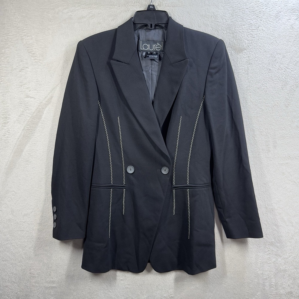 Laurel Wool Blazer‎ Jacket Size 34 Double Breasted Black Contrast Topstitching
